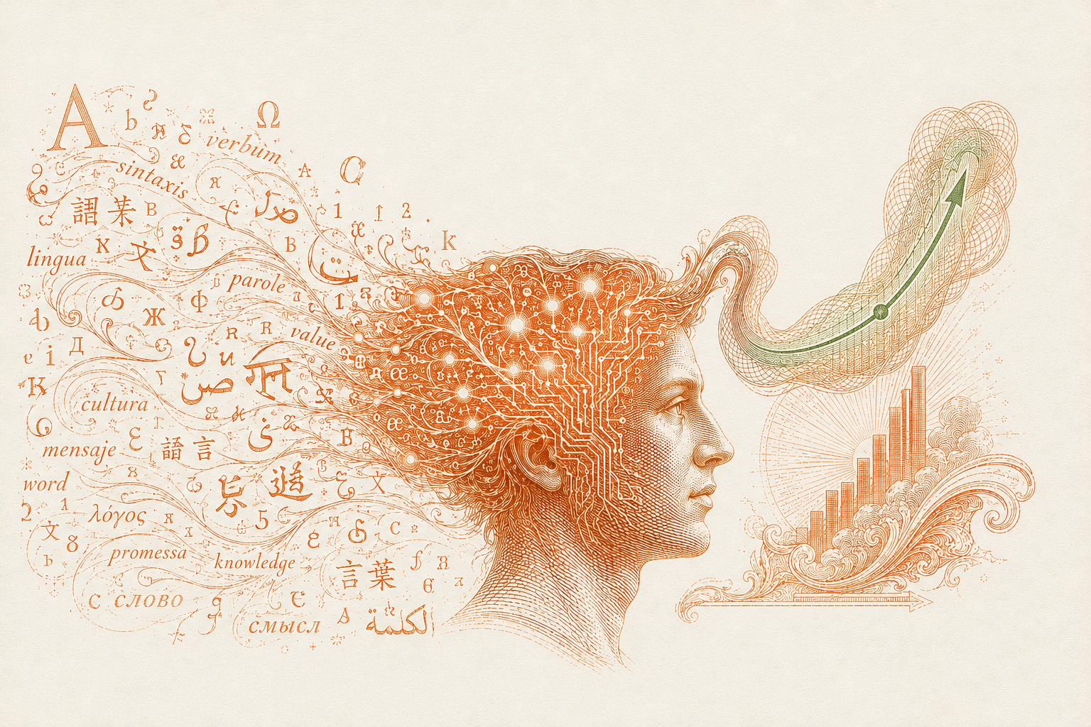 Words from many languages flow through an AI-augmented mind and rise into a growing portfolio.
